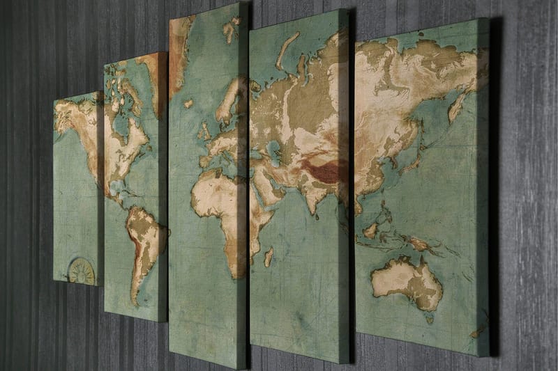 Stor Canvastavla i 5 delar 105x70 cm - Världskarta med vintage-inspirerad design - Grön / Beige / Brun - Inredning & dekor - Tavlor & konst - Canvastavla