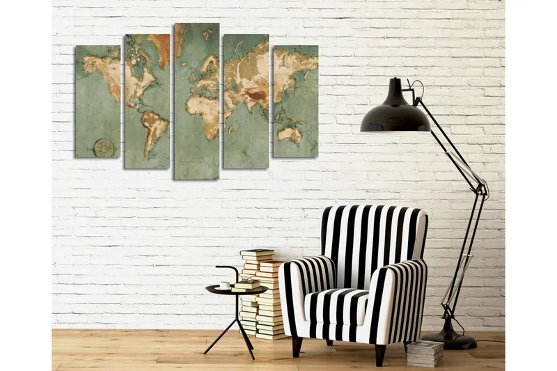 Stor Canvastavla i 5 delar 105x70 cm - Världskarta med vintage-inspirerad design - Grön / Beige / Brun - Inredning & dekor - Tavlor & konst - Canvastavla