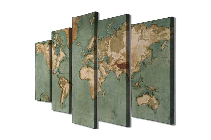Stor Canvastavla i 5 delar 105x70 cm - Världskarta med vintage-inspirerad design - Grön / Beige / Brun - Inredning & dekor - Tavlor & konst - Canvastavla