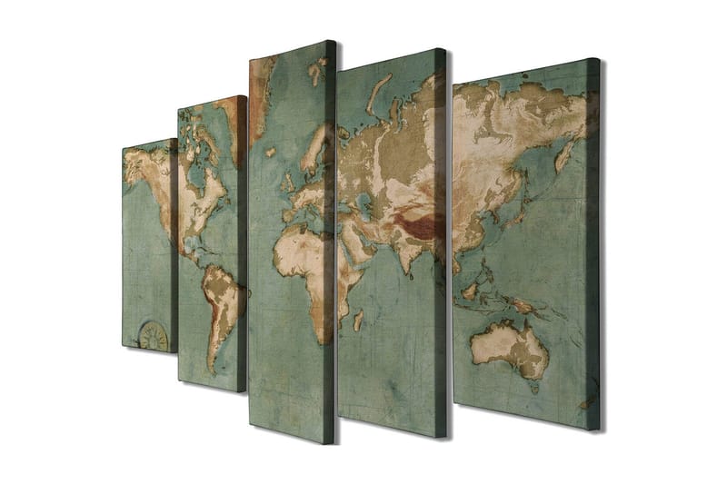 Stor Canvastavla i 5 delar 105x70 cm - Världskarta med vintage-inspirerad design - Grön / Beige / Brun - Inredning & dekor - Tavlor & konst - Canvastavla