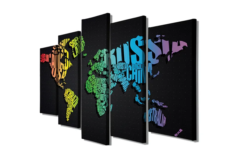 Stor Canvastavla i 5 delar 105x70 cm - Världskarta skapad av ord och namn på länder - Grön / Blå / Orange - Inredning & dekor - Tavlor & konst - Canvastavla