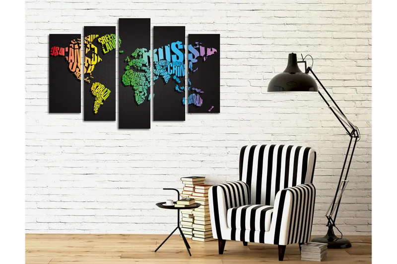 Stor Canvastavla i 5 delar 105x70 cm - Världskarta skapad av ord och namn på länder - Grön / Blå / Orange - Inredning & dekor - Tavlor & konst - Canvastavla