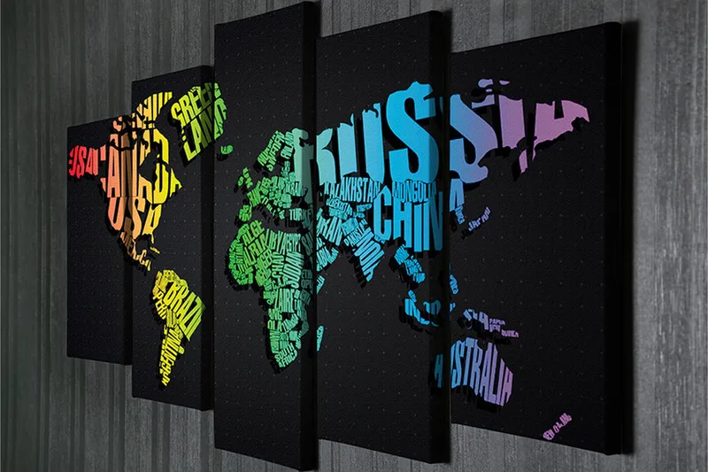 Stor Canvastavla i 5 delar 105x70 cm - Världskarta skapad av ord och namn på länder - Grön / Blå / Orange - Inredning & dekor - Tavlor & konst - Canvastavla