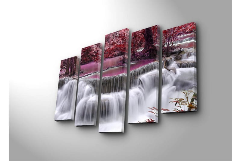 Stor Canvastavla i 5 delar 105x70 cm - Vattenfall omgiven av lila och röda träd - Lila / Röd / Vit - Inredning & dekor - Tavlor & konst - Canvastavla