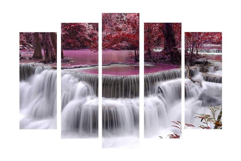 Stor Canvastavla i 5 delar 105x70 cm - Vattenfall omgiven av lila och röda träd - Lila / Röd / Vit - Inredning & dekor - Tavlor & konst - Canvastavla