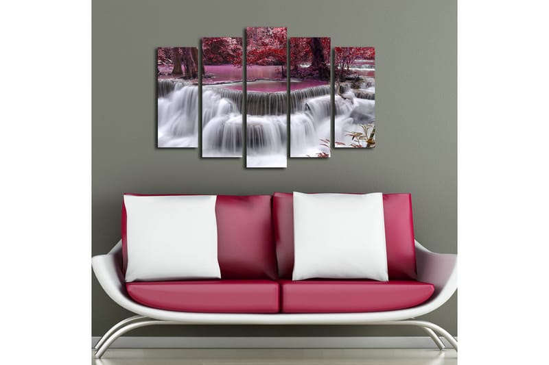Stor Canvastavla i 5 delar 105x70 cm - Vattenfall omgiven av lila och röda träd - Lila / Röd / Vit - Inredning & dekor - Tavlor & konst - Canvastavla