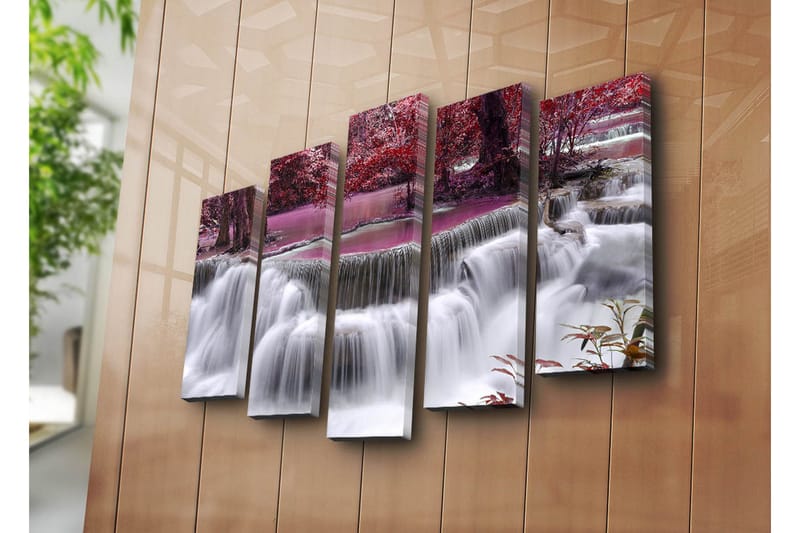 Stor Canvastavla i 5 delar 105x70 cm - Vattenfall omgiven av lila och röda träd - Lila / Röd / Vit - Inredning & dekor - Tavlor & konst - Canvastavla