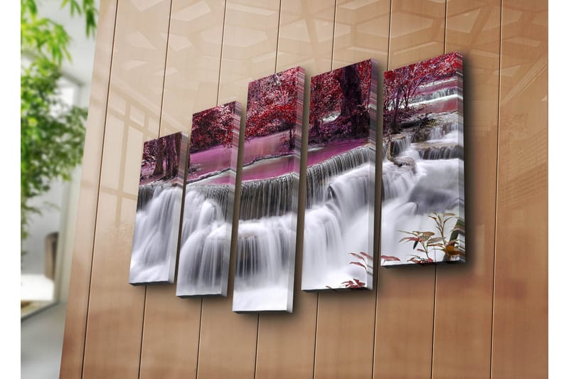 Stor Canvastavla i 5 delar 105x70 cm - Vattenfall omgiven av lila och röda träd - Lila / Röd / Vit - Inredning & dekor - Tavlor & konst - Canvastavla