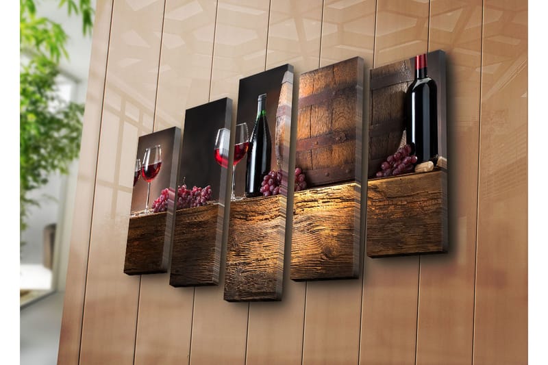 Stor Canvastavla i 5 delar 105x70 cm - Viner och druvor i en rustik miljö - Röd / Brun / Lila - Inredning & dekor - Tavlor & konst - Canvastavla