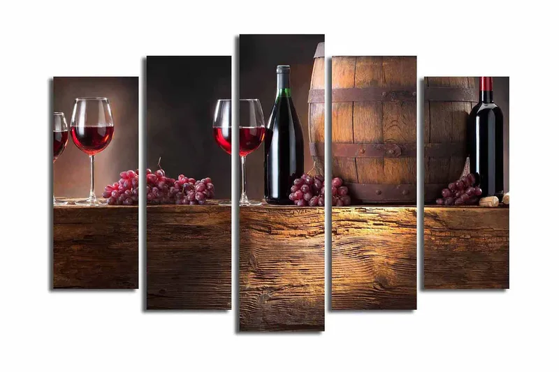 Stor Canvastavla i 5 delar 105x70 cm - Viner och druvor i en rustik miljö - Röd / Brun / Lila - Inredning & dekor - Tavlor & konst - Canvastavla