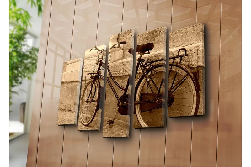 Stor Canvastavla i 5 delar 105x70 cm - Vintage cykel lutad mot en vägg - Svart / Beige / Brun - Inredning & dekor - Tavlor & konst - Canvastavla