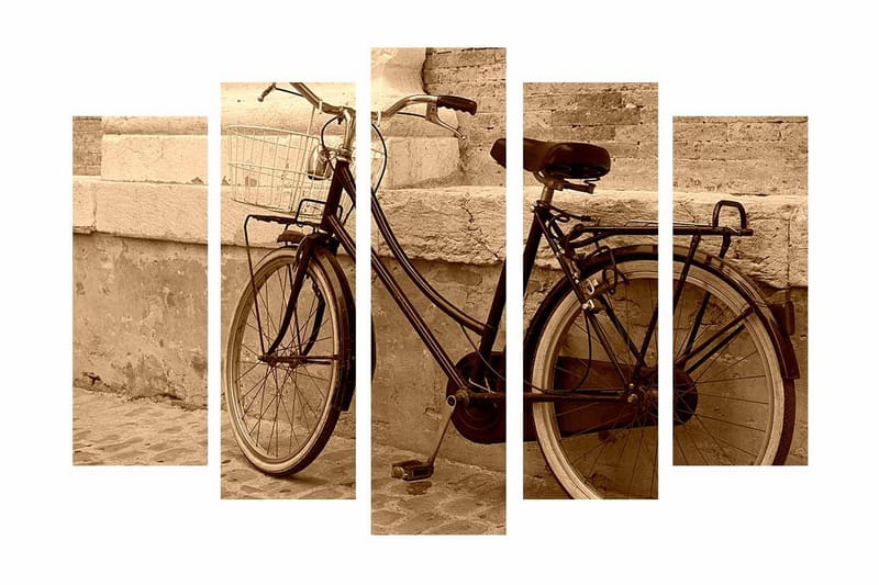 Stor Canvastavla i 5 delar 105x70 cm - Vintage cykel lutad mot en vägg - Svart / Beige / Brun - Inredning & dekor - Tavlor & konst - Canvastavla