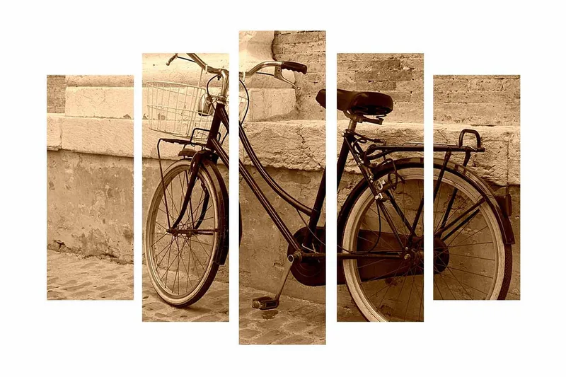 Stor Canvastavla i 5 delar 105x70 cm - Vintage cykel lutad mot en vägg - Svart / Beige / Brun - Inredning & dekor - Tavlor & konst - Canvastavla