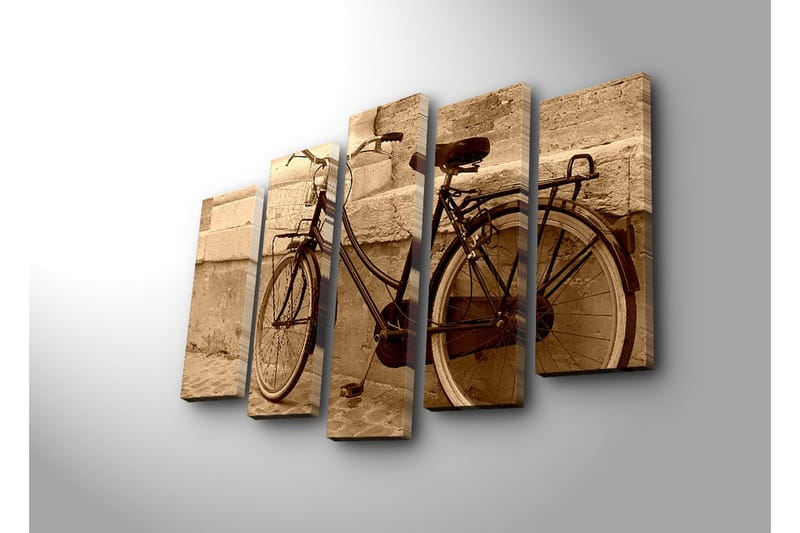 Stor Canvastavla i 5 delar 105x70 cm - Vintage cykel lutad mot en vägg - Svart / Beige / Brun - Inredning & dekor - Tavlor & konst - Canvastavla