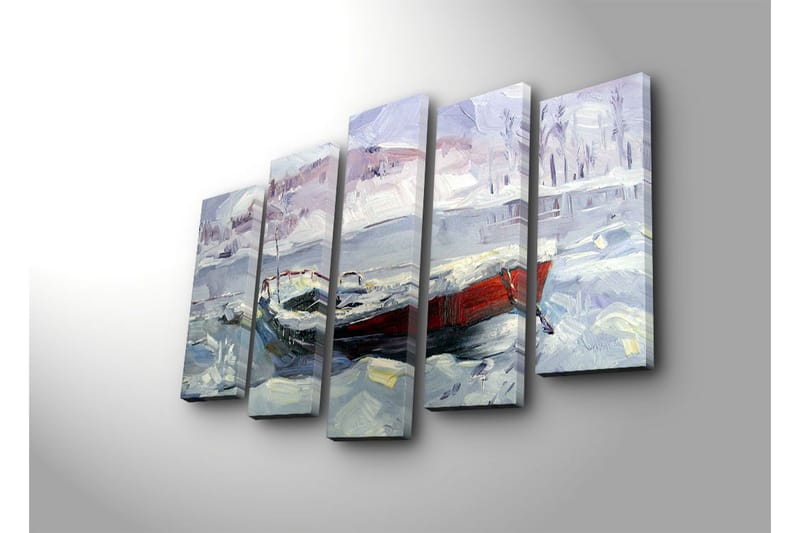 Stor Canvastavla i 5 delar 105x70 cm - Vinterlandskap med en båt i snö och is - Ljusblå / Vit / Röd - Inredning & dekor - Tavlor & konst - Canvastavla