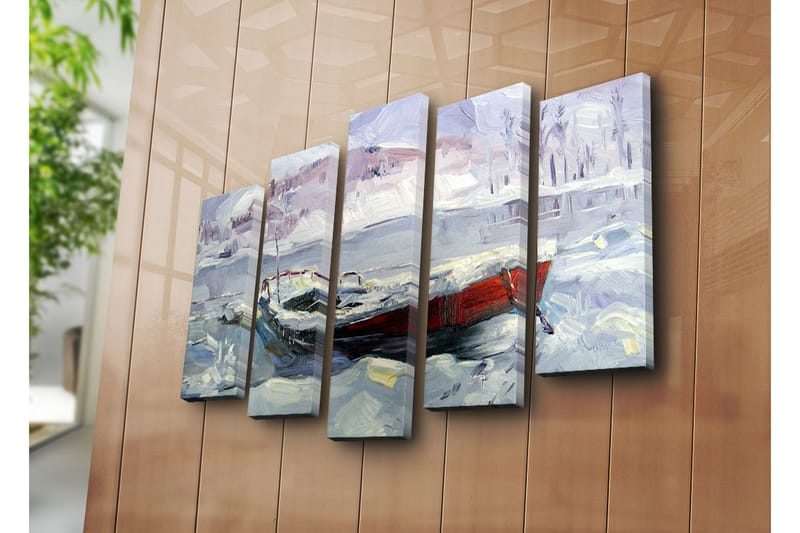Stor Canvastavla i 5 delar 105x70 cm - Vinterlandskap med en båt i snö och is - Ljusblå / Vit / Röd - Inredning & dekor - Tavlor & konst - Canvastavla