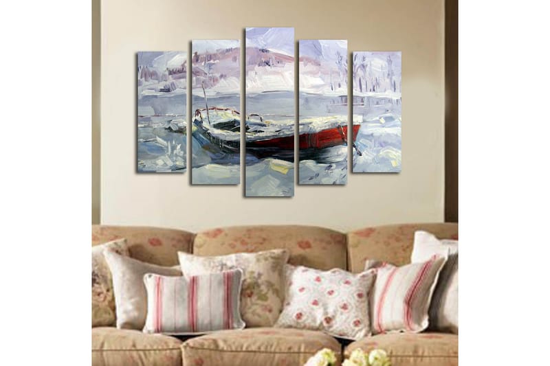 Stor Canvastavla i 5 delar 105x70 cm - Vinterlandskap med en båt i snö och is - Ljusblå / Vit / Röd - Inredning & dekor - Tavlor & konst - Canvastavla