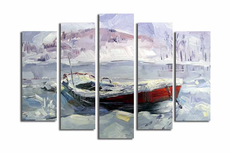 Stor Canvastavla i 5 delar 105x70 cm - Vinterlandskap med en båt i snö och is - Ljusblå / Vit / Röd - Inredning & dekor - Tavlor & konst - Canvastavla