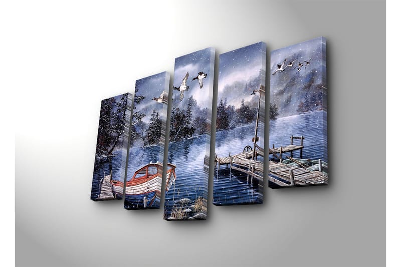Stor Canvastavla i 5 delar 105x70 cm - Vinterlandskap med en båt vid en stilla sjö - Blå / Vit / Grå - Inredning & dekor - Tavlor & konst - Canvastavla