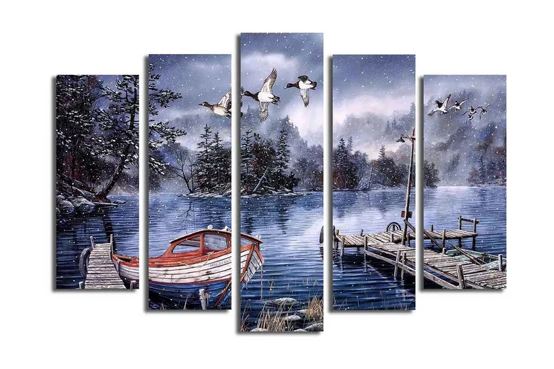 Stor Canvastavla i 5 delar 105x70 cm - Vinterlandskap med en båt vid en stilla sjö - Blå / Vit / Grå - Inredning & dekor - Tavlor & konst - Canvastavla