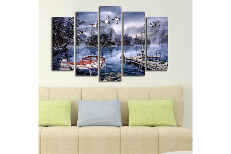 Stor Canvastavla i 5 delar 105x70 cm - Vinterlandskap med en båt vid en stilla sjö - Blå / Vit / Grå - Inredning & dekor - Tavlor & konst - Canvastavla