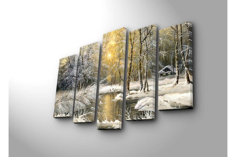 Stor Canvastavla i 5 delar 105x70 cm - Vinterlandskap med snöklädda träd och en spegelblanka sjö - Vit / Ljusgrön / Beige - Inredning & dekor - Tavlor & konst - Canvastavla