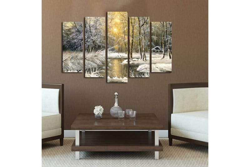 Stor Canvastavla i 5 delar 105x70 cm - Vinterlandskap med snöklädda träd och en spegelblanka sjö - Vit / Ljusgrön / Beige - Inredning & dekor - Tavlor & konst - Canvastavla