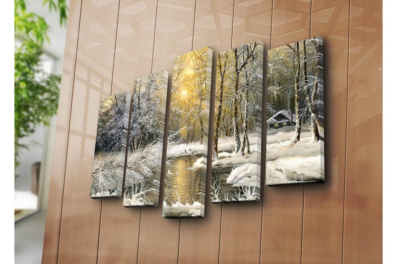 Stor Canvastavla i 5 delar 105x70 cm - Vinterlandskap med snöklädda träd och en spegelblanka sjö - Vit / Ljusgrön / Beige - Inredning & dekor - Tavlor & konst - Canvastavla