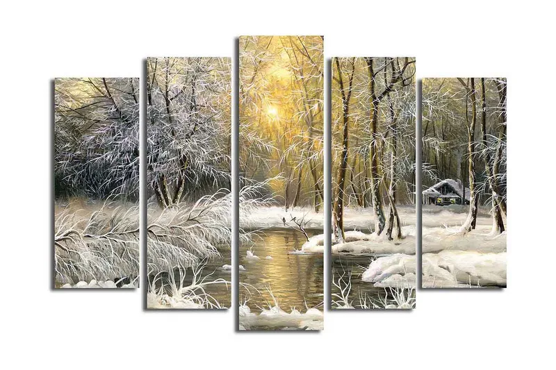 Stor Canvastavla i 5 delar 105x70 cm - Vinterlandskap med snöklädda träd och en spegelblanka sjö - Vit / Ljusgrön / Beige - Inredning & dekor - Tavlor & konst - Canvastavla