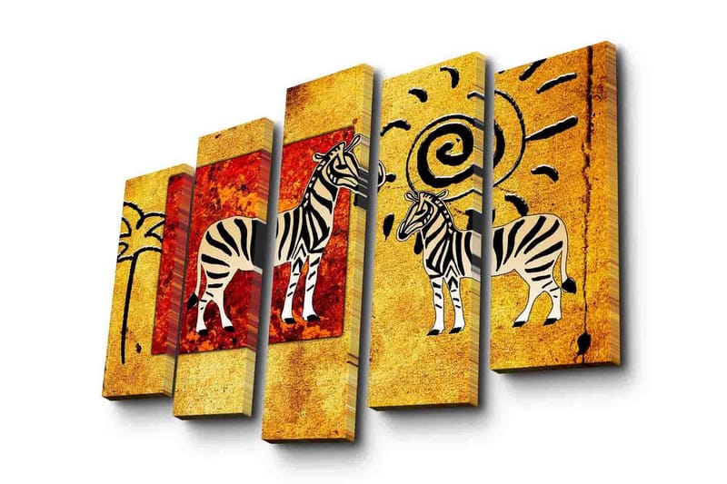 Stor Canvastavla i 5 delar 105x70 cm - Zebror i en färgglad och abstrakt komposition - Guld / Röd / Svart - Inredning & dekor - Tavlor & konst - Canvastavla
