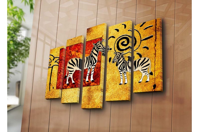Stor Canvastavla i 5 delar 105x70 cm - Zebror i en färgglad och abstrakt komposition - Guld / Röd / Svart - Inredning & dekor - Tavlor & konst - Canvastavla