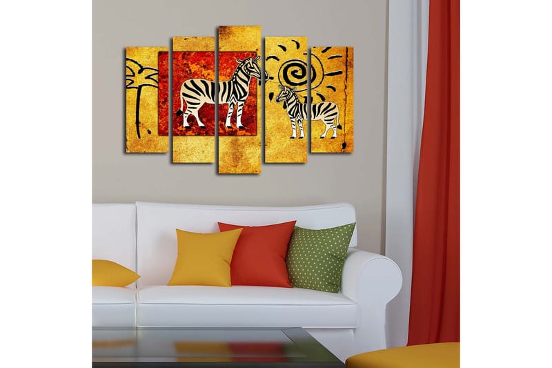 Stor Canvastavla i 5 delar 105x70 cm - Zebror i en färgglad och abstrakt komposition - Guld / Röd / Svart - Inredning & dekor - Tavlor & konst - Canvastavla