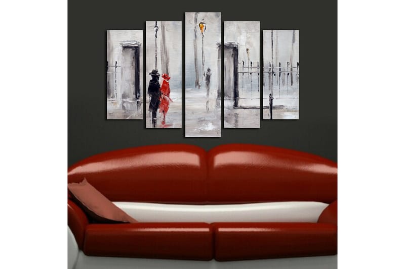 Stor Canvastavla i 5 delar 105x70 cm - Par i regn med en röd klänning och svart kostym - Röd / Svart / Grå - Inredning & dekor - Tavlor & konst - Canvastavla
