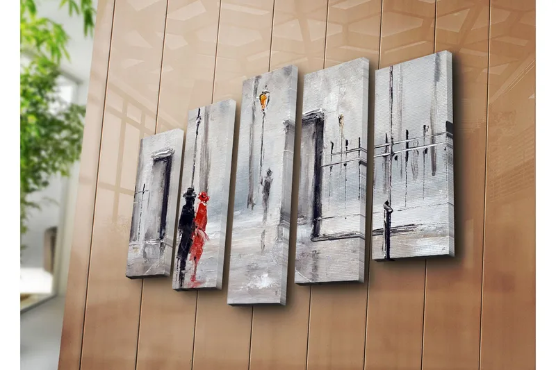 Stor Canvastavla i 5 delar 105x70 cm - Par i regn med en röd klänning och svart kostym - Röd / Svart / Grå - Inredning & dekor - Tavlor & konst - Canvastavla