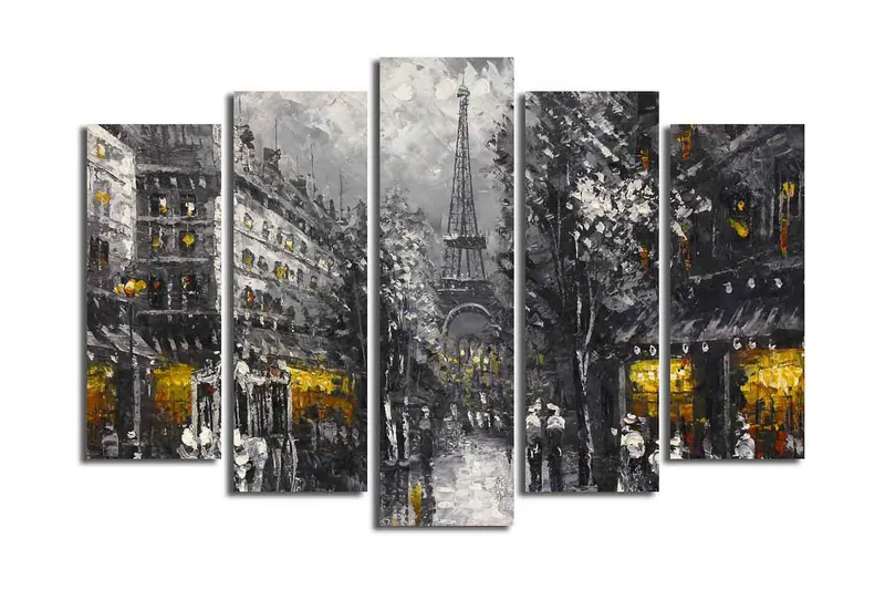 Stor Canvastavla i 5 delar 105x70 cm - Parisisk stadsbild med Eiffeltornet i skymningen - Grå / Svart / Guld - Inredning & dekor - Tavlor & konst - Canvastavla