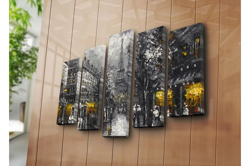 Stor Canvastavla i 5 delar 105x70 cm - Parisisk stadsbild med Eiffeltornet i skymningen - Grå / Svart / Guld - Inredning & dekor - Tavlor & konst - Canvastavla