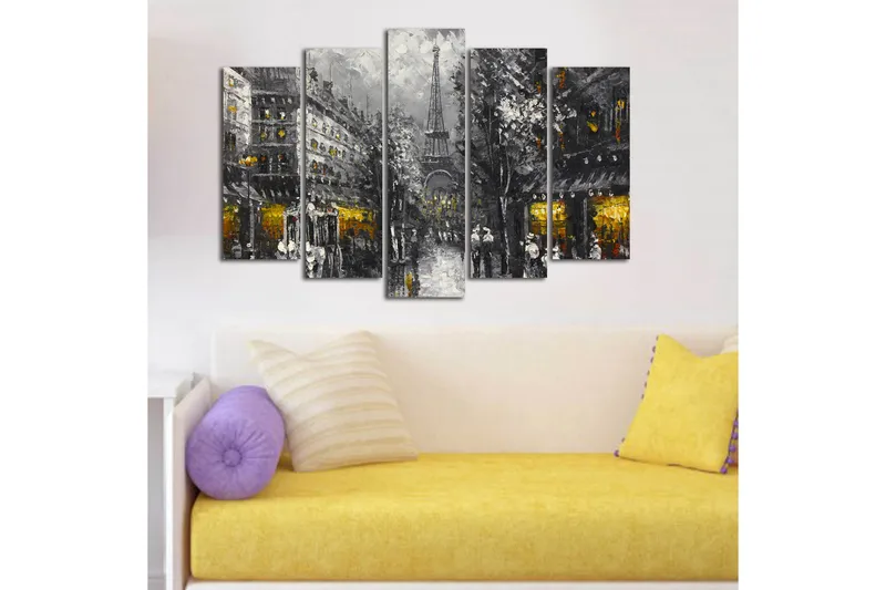 Stor Canvastavla i 5 delar 105x70 cm - Parisisk stadsbild med Eiffeltornet i skymningen - Grå / Svart / Guld - Inredning & dekor - Tavlor & konst - Canvastavla