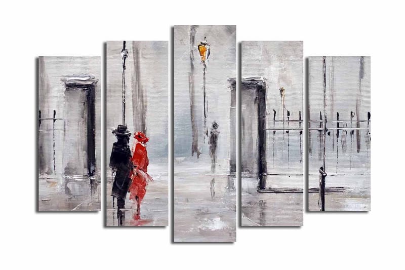 Stor Canvastavla i 5 delar 105x70 cm - Par i regn med en röd klänning och svart kostym - Röd / Svart / Grå - Inredning & dekor - Tavlor & konst - Canvastavla