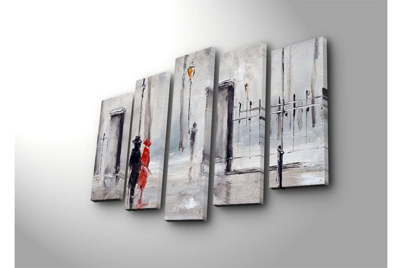 Stor Canvastavla i 5 delar 105x70 cm - Par i regn med en röd klänning och svart kostym - Röd / Svart / Grå - Inredning & dekor - Tavlor & konst - Canvastavla