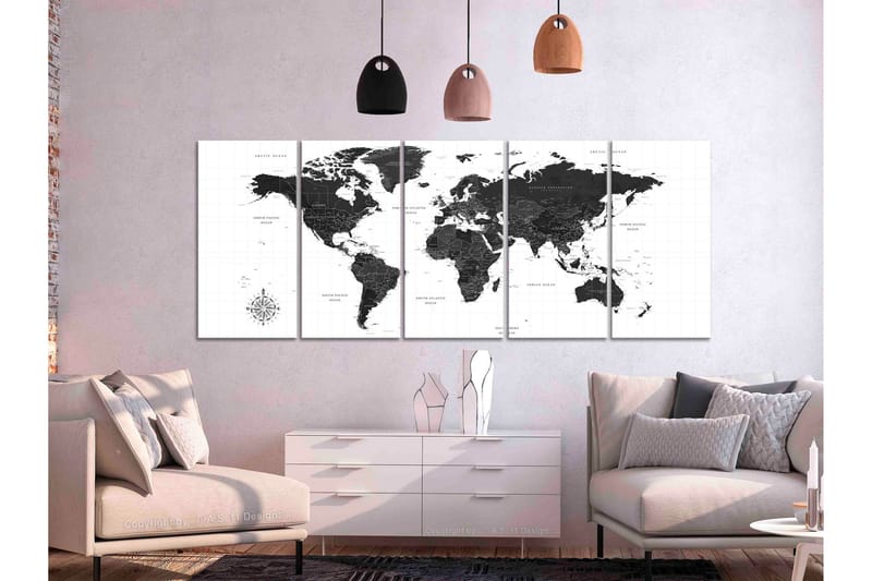 Tavla Black And White Map 5 Parts Narrow 200x80 - Artgeist sp. z o. o. - Inredning & dekor - Tavlor & konst - Canvastavla