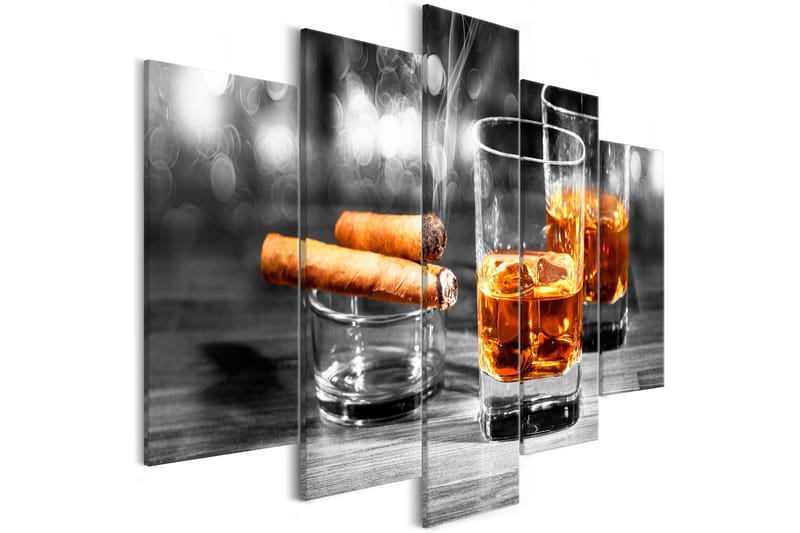 Tavla Cigars And Whiskey 5 Parts Wide 225X100 Grå|Vit - Artgeist sp. z o. o. - Canvastavla