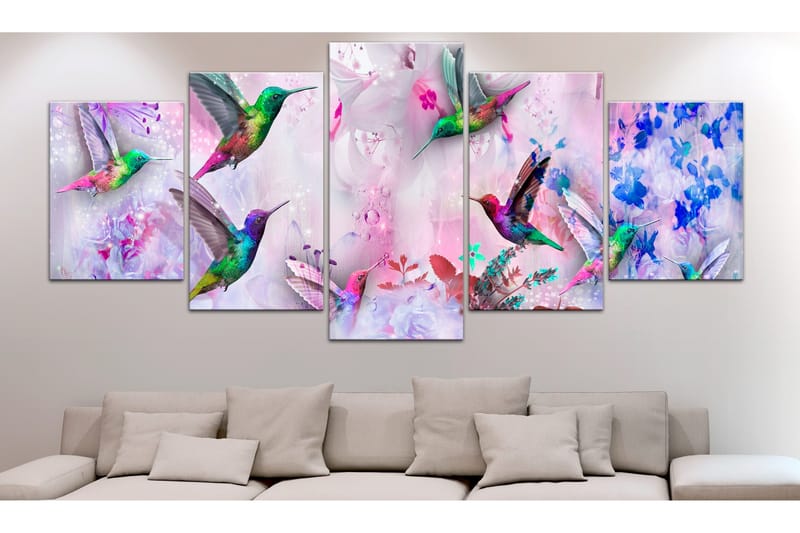 TAVLA Colourful Hummingbirds 5 Parts Wide Violet 100x50 - Artgeist sp. z o. o. - Inredning & dekor - Tavlor & konst - Canvastavla