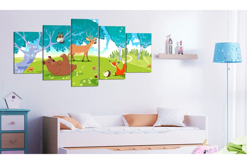Tavla Friendly Animals 5 Parts 200X100 Grön|Flerfärgad|Vit - Artgeist sp. z o. o. - Inredning & dekor - Tavlor & konst - Canvastavla
