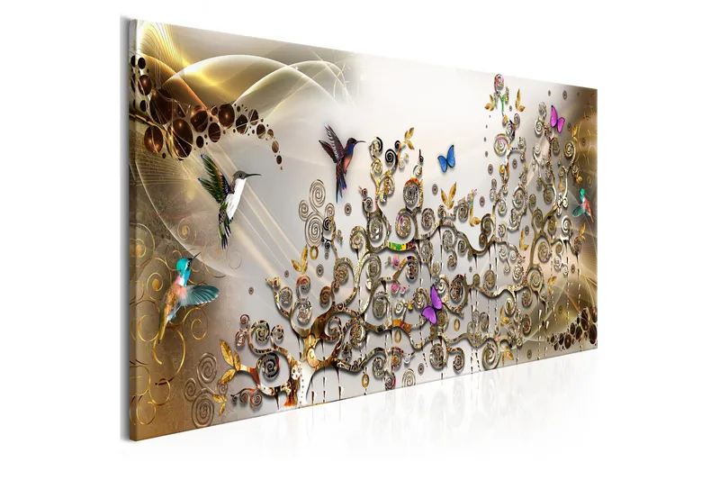 Tavla Hummingbirds Dance (1 Part) Gold Narrow 150x50 - Artgeist sp. z o. o. - Inredning & dekor - Tavlor & konst - Canvastavla