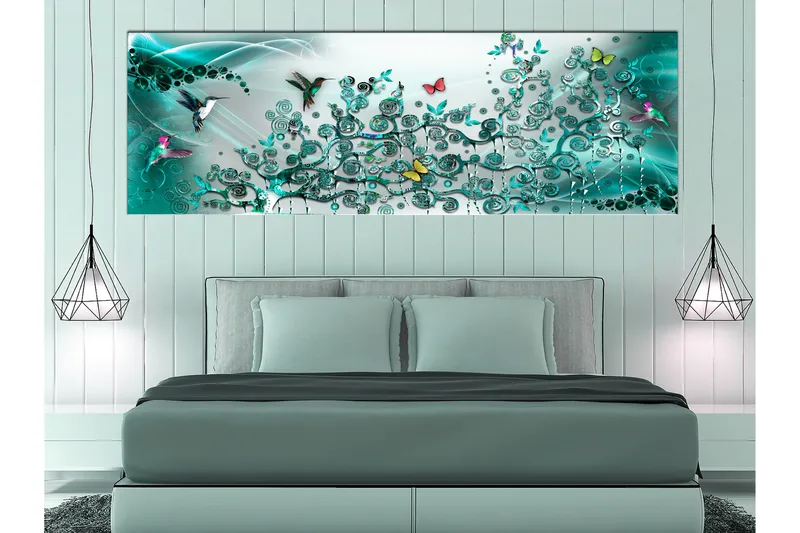 Tavla Hummingbirds Dance (1 Part) Turquoise Narrow 135x45, Artgeist sp. z o. o.