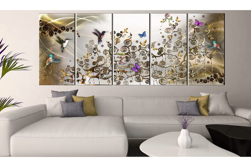 Tavla Hummingbirds Dance 5 Parts Gold Narrow 225x90 - Artgeist sp. z o. o. - Inredning & dekor - Tavlor & konst - Canvastavla