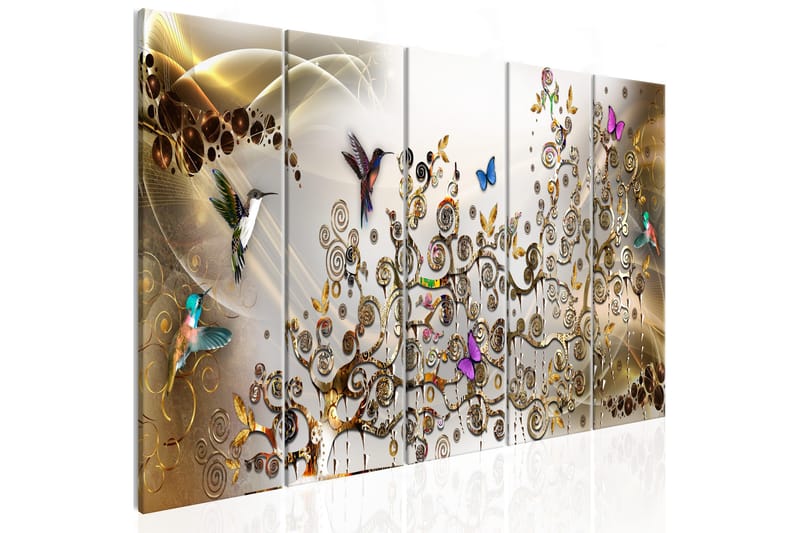 Tavla Hummingbirds Dance 5 Parts Gold Narrow 225x90, Artgeist sp. z o. o.