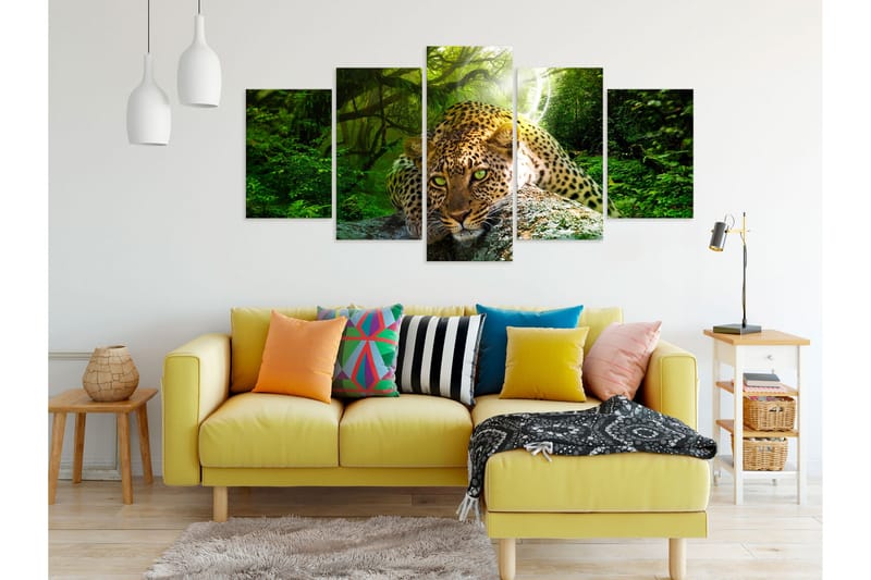 Tavla Leopard Lying 5 Parts Wide Green 100x50 - Artgeist sp. z o. o. - Inredning & dekor - Tavlor & konst - Canvastavla