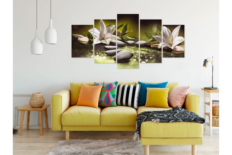 TAVLA Lilies And Stones 5 Parts Wide Green 200x100 - Artgeist sp. z o. o. - Inredning & dekor - Tavlor & konst - Canvastavla