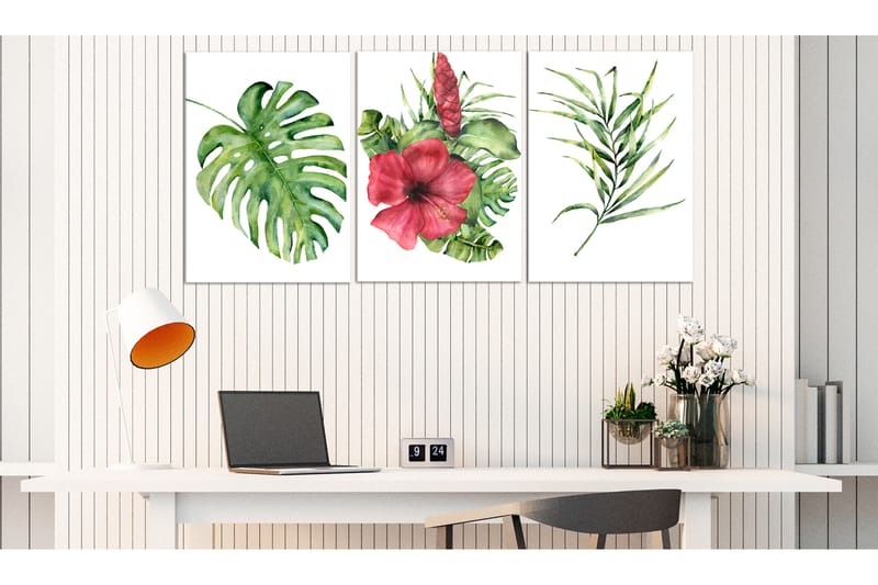 Tavla Red Hibiscus 3 Parts 120X60 Grön|Rosa Abstrakt - Artgeist sp. z o. o. - Inredning & dekor - Tavlor & konst - Canvastavla